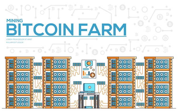 Conceito de ilustração de linha fina de fazenda bitcoin. pacote de símbolo linear de equipamento de tecnologia moderna.