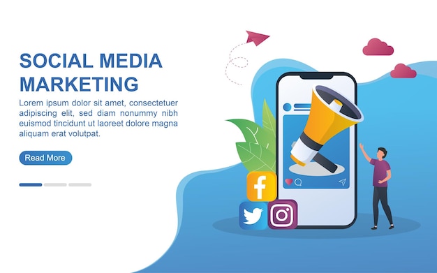 Vetor conceito de ilustração de marketing de mídia social com um grande megafone na tela.