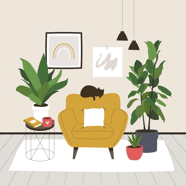 Conceito de ilustração de sala de estar aconchegante estilo Boho
