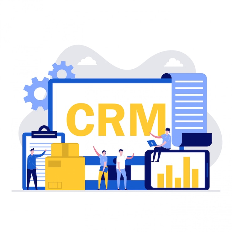 Vetor conceito de ilustração de software crm com personagens. gestão de relacionamento com o cliente.