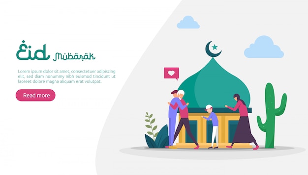 Conceito de ilustração design islâmico para feliz eid mubarak ou ramadã saudação com caráter de pessoas.