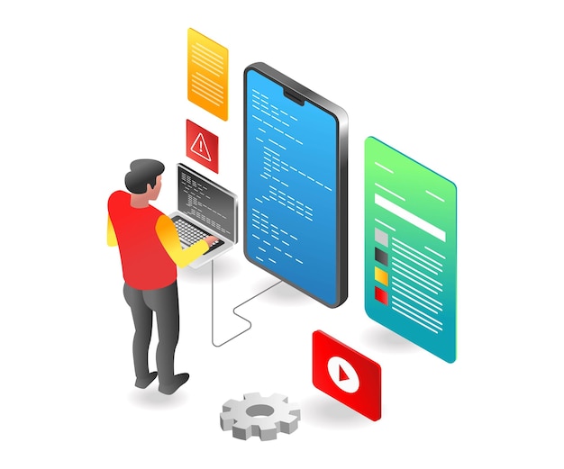 Conceito de ilustração isométrica plana um programador de layout no trabalho
