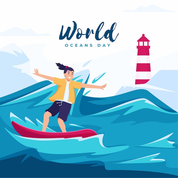 Vetor conceito de ilustração para o dia mundial do oceano com o personagem de um surfista surfando nas ondas grandes