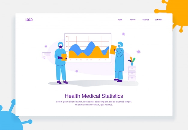 Conceito de ilustração plana da equipe médica mostrando a análise de dados de saúde, estatística covid de diagrama 19 para o modelo de página de destino