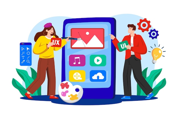 Vetor conceito de ilustração plana de ux designer e ui developer em fundo branco