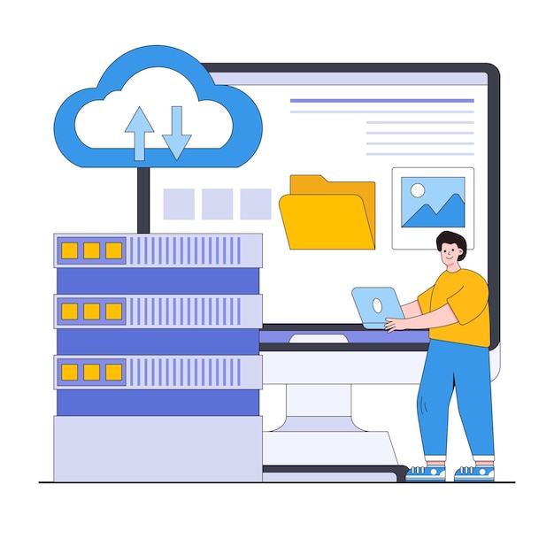 Vetor conceito de ilustração vetorial de backup e recuperação de dados com caracteres restauração de dados de recuperação de desastres de backups automatizados estilo plano moderno para imagens de heróis de infográficos de banner da web de página inicial