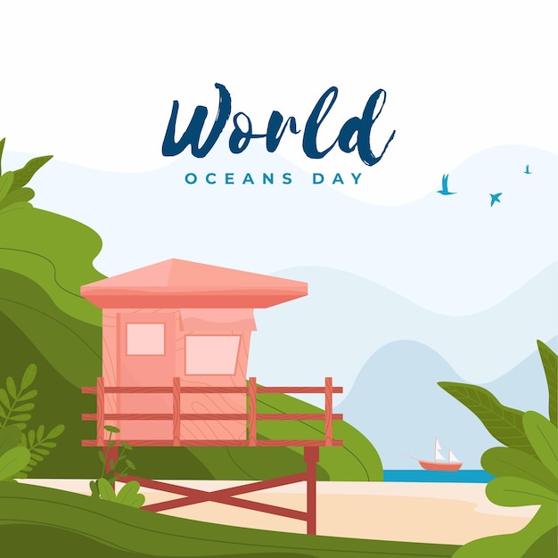 Vetor conceito de ilustração vetorial do dia mundial do oceano mostrando uma bela praia com uma pequena casa no porto e um navio prestes a atracar