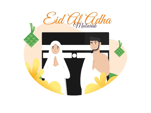 Vetor conceito de ilustração vetorial islâmica para eid aladha com o personagem de um casal adorando o hajj e o plano de fundo da kaaba