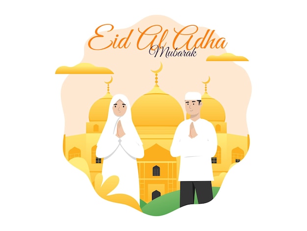 Vetor conceito de ilustração vetorial islâmica para happy eid al adha ou evento de celebração de sacrifício com personagem de casal e plano de fundo da mesquita