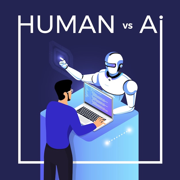 Conceito de ilustrações de inteligência artificial de IA vs humano via robô