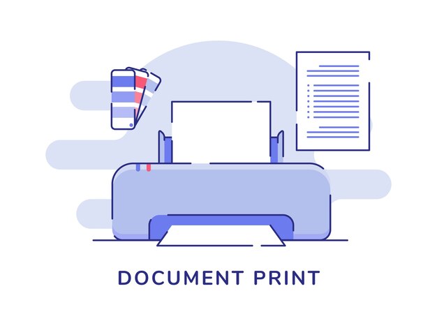 Vetor conceito de impressão de documento impressora máquina cor palete texto papel branco isolado fundo