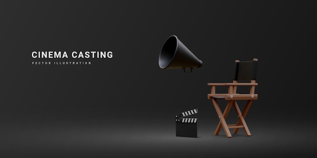 Vetor conceito de indústria cinematográfica realista 3d conceito de design de produção de cinema diretor cadeira claquete e megafone em luz volumétrica em ilustração vetorial de fundo preto