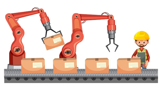 Conceito de indústria de automação com robôs de linha de montagem