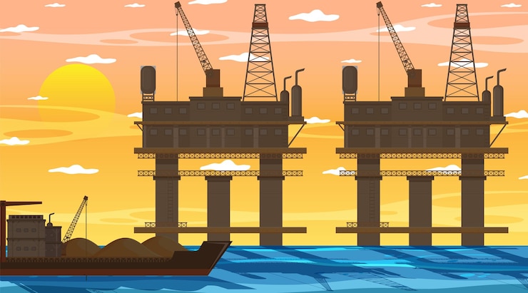 Vetor conceito de indústria petrolífera com plataforma de petróleo offshore