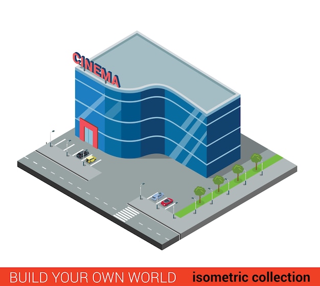 Conceito de infográfico de bloco de construção de cinema em vidro moderno plano d isométrico