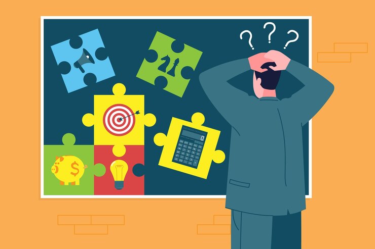 Conceito de inicialização de negócios. O empresário fica perplexo, planeja, pensa como abrir um negócio e reunir todos os seus elementos e quebra-cabeças. Organização da atividade empreendedora na fase inicial