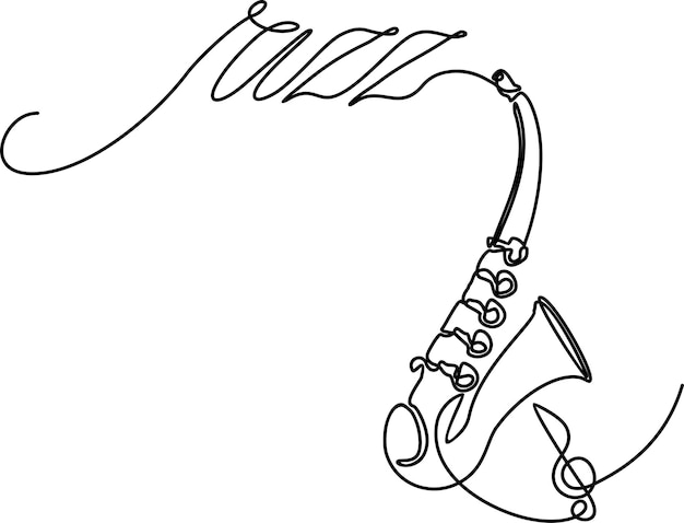 Conceito de instrumentos de música de vento. ilustração em vetor design gráfico moderno de linha única. desenho de linha de instrumentos de música jazz saxofone. ícone da música letras jazz e saxofone um desenho de linha