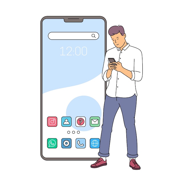 Conceito de interface do smartphone da tela inicial. Jovem sorridente em pé com o smartphone nas mãos. Plano