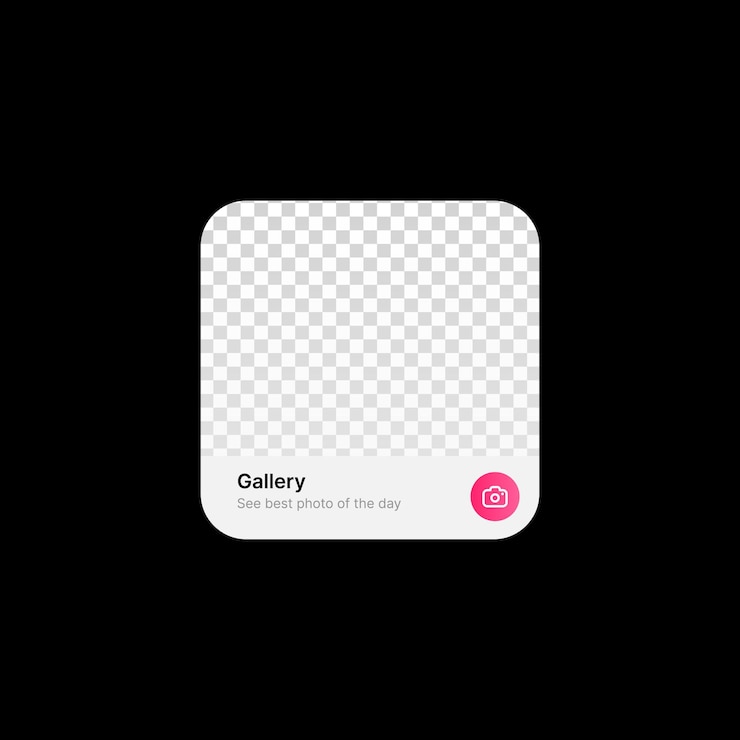 Vetor conceito de interface do usuário de widget de galeria de fotos em fundo preto ilustração de mídia social título e texto editáveis de galeria de fotos com ícone de câmera em elemento web de círculo rosa para aplicativos móveis
