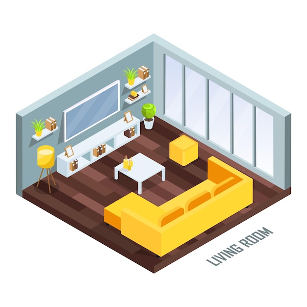 Conceito de interior 3D isométrico de sala de estar com conjunto de móveis Um interior moderno de loft