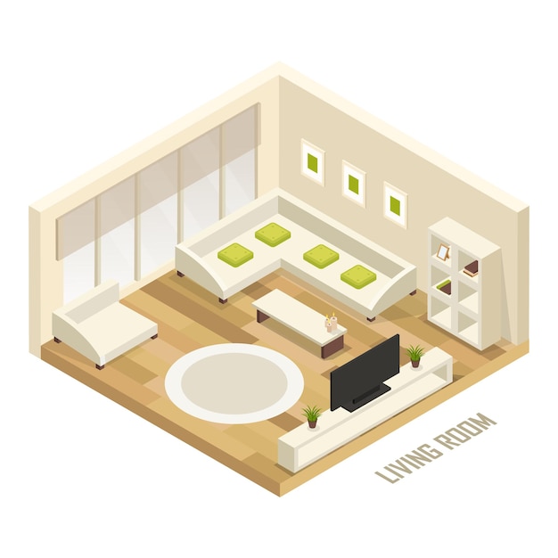 Conceito de interior 3D isométrico de sala de estar com conjunto de móveis Um interior moderno de loft