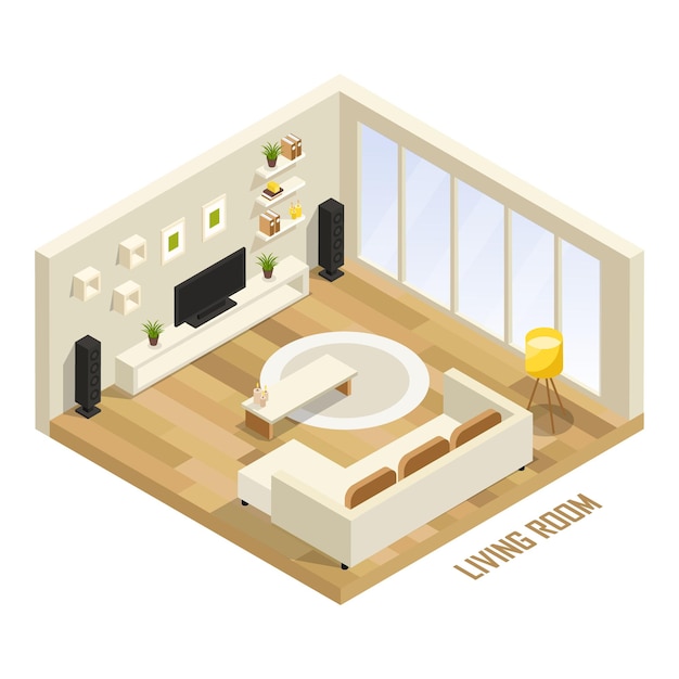 Conceito de interior 3D isométrico de sala de estar com conjunto de móveis Um interior moderno de loft