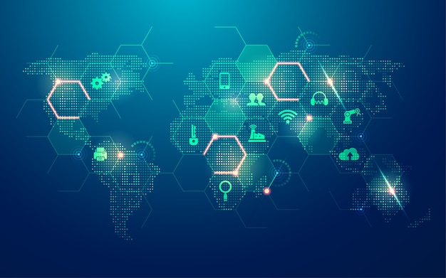 Conceito de internet das coisas, mapa-múndi pontilhado com novo elemento de tecnologia