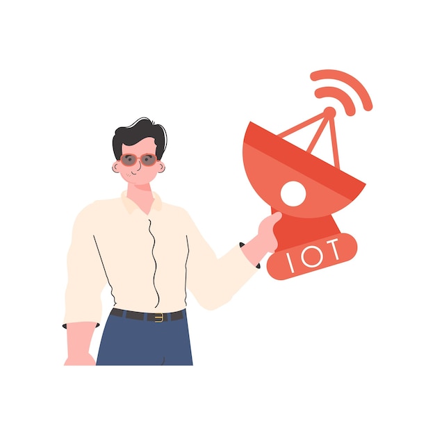 Conceito de internet das coisas o cara está segurando uma antena parabólica em suas mãos estilo simples moderno isolado ilustração vetorial