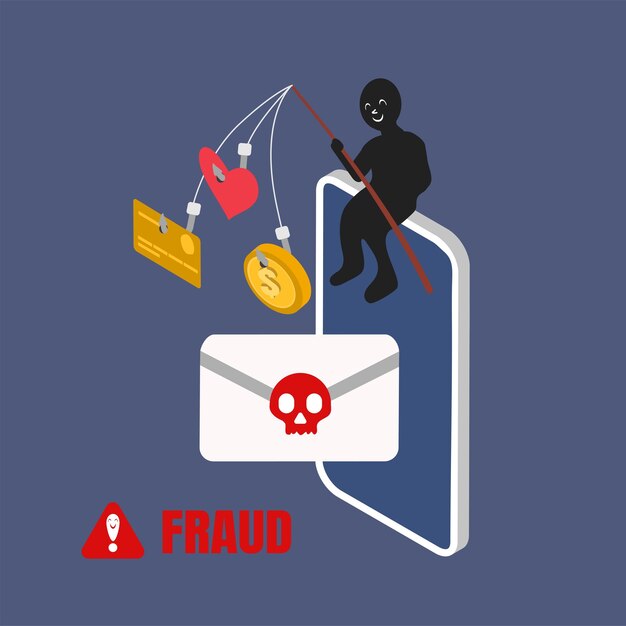 Vetor conceito de investigação de fraude de ataque de hacker ataque de phishing na internet prevenção de fraude