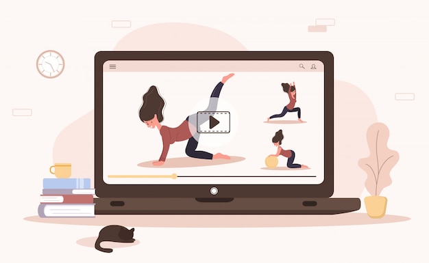 Conceito de ioga e esporte em casa on-line. Fazendo exercícios com um aplicativo móvel. Mantenha-se saudável e em forma durante a epidemia e quarentena de coronavírus. Ilustração em vetor de uma mulher ensinando ioga via internet.