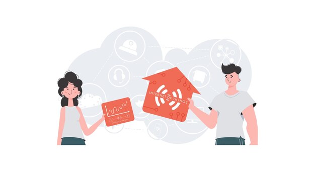 Conceito de IoT Um homem e uma mulher são uma equipe no campo da Internet das coisas Bom para apresentações e sites Ilustração vetorial em estilo simples