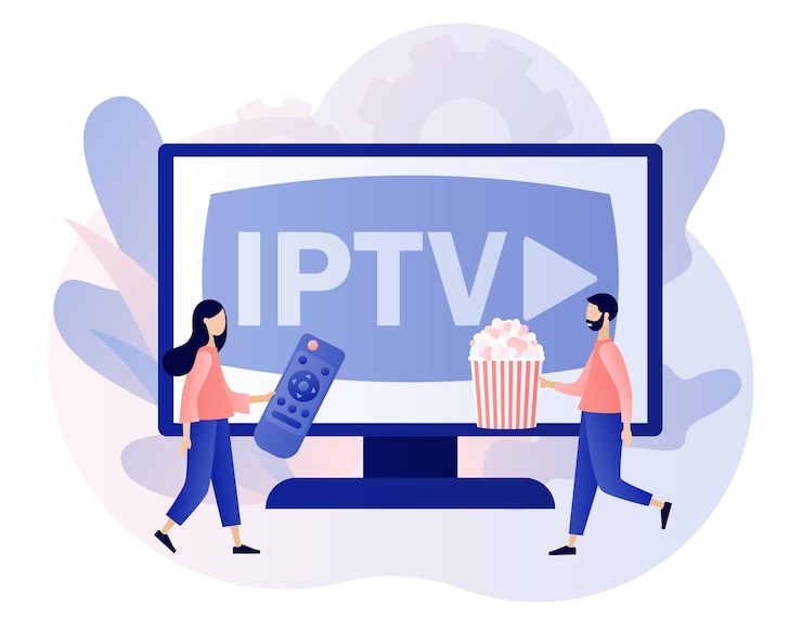 Vetor conceito de iptv televisão de protocolo de internet pessoas minúsculas assistem a transmissão de tv de mídia digital com pipoca