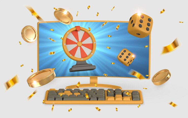 Vetor conceito de jogo de cassino 3d realista roda da fortuna monitor de computador teclado dados moeda de ouro confeti em estilo de desenho animado conceito de jogo ilustração vetorial