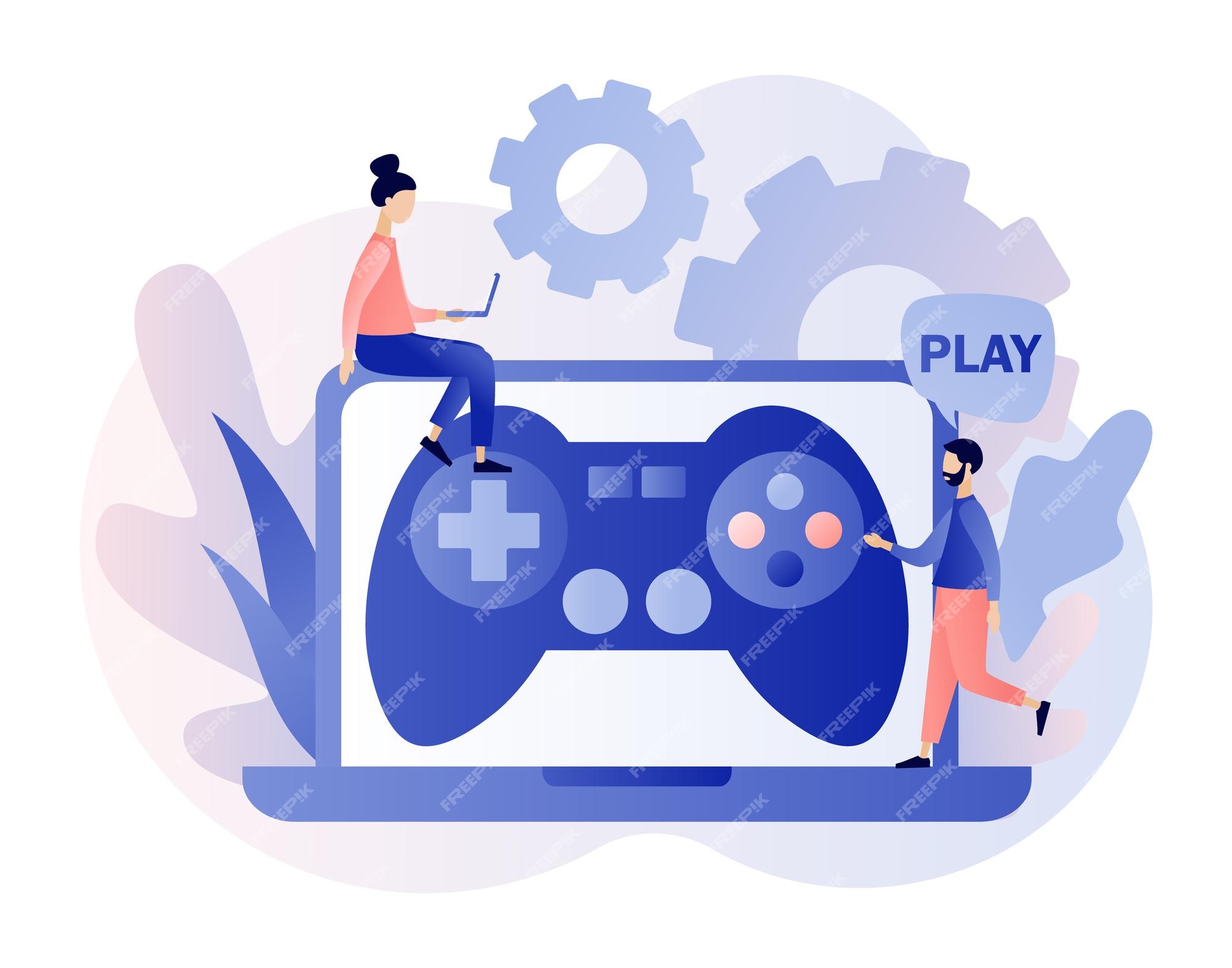 Modelo de tela integrado da página do aplicativo móvel online de jogos.  jogadores adolescentes jogando jogos de computador, tecnologias de esporte  de cyber de personagens, torneio, conceito de diversão em casa. ilustração