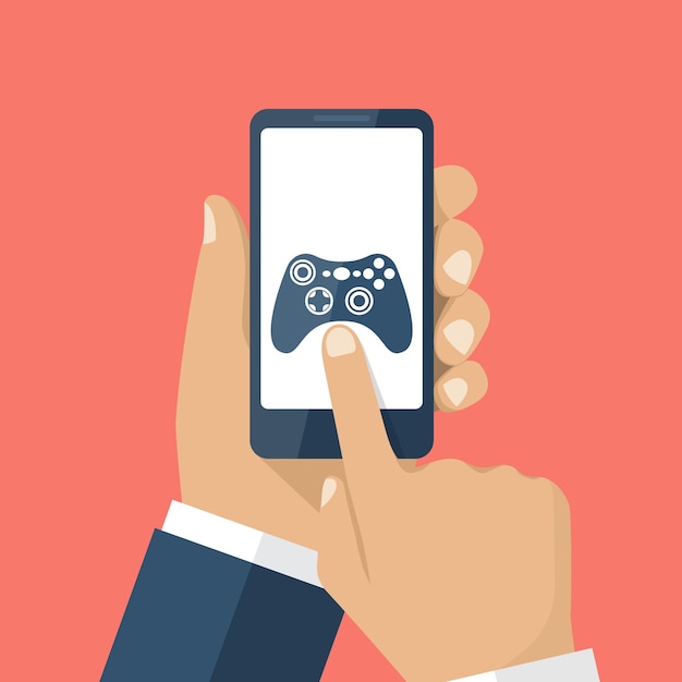 Conceito de jogo para celular mão segurando o smartphone com aplicativo de jogo na tela ilustração vetorial design plano controlador de joystick de ícone tocando o dedo para exibir