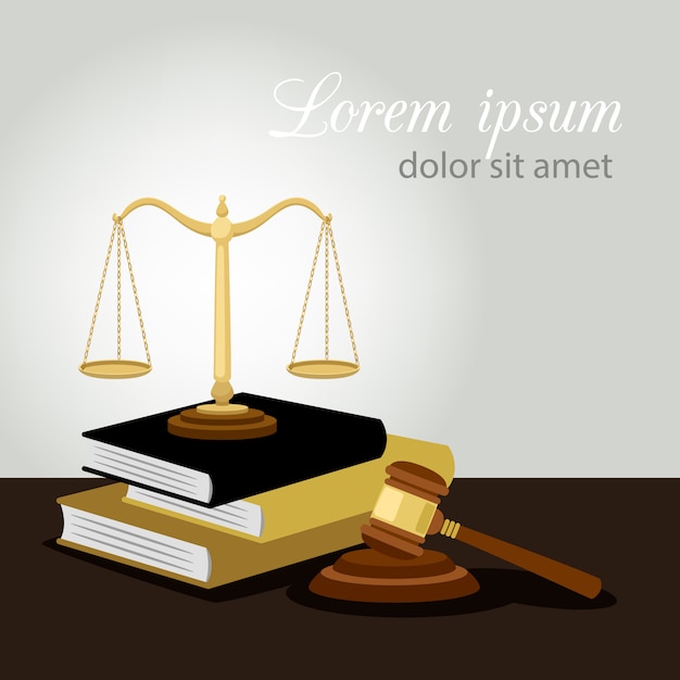 Conceito de justiça. Escalas de justiça, martelo de juiz e ilustração de livros de direito, símbolo legal e anti-crime