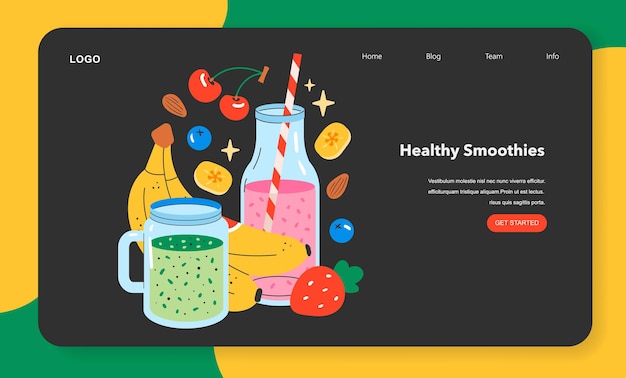 Conceito de lanches saudáveis frutas coloridas e smoothies em uma página web vibrante que promove bem-estar