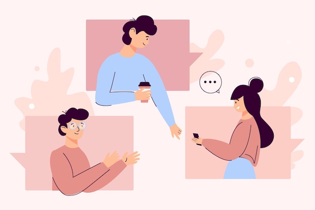 Conceito de laptop, telefone, tablet com ilustração de um grupo de pessoas participando de uma videoconferência com um aplicativo, vídeo-chamada de homens e mulheres juntos. ilustração vetorial em estilo simples