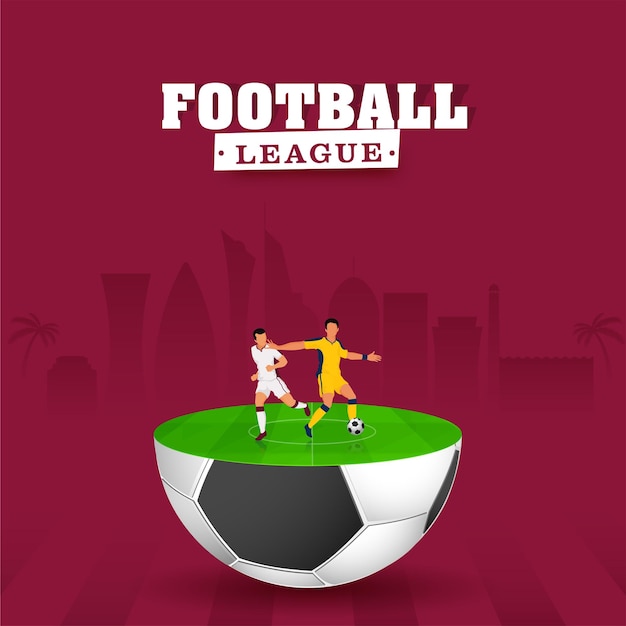 Conceito de liga de futebol com jogadores de futebol participantes em meia bola de futebol 3D contra o fundo do monumento da Copa do Mundo Vermelho