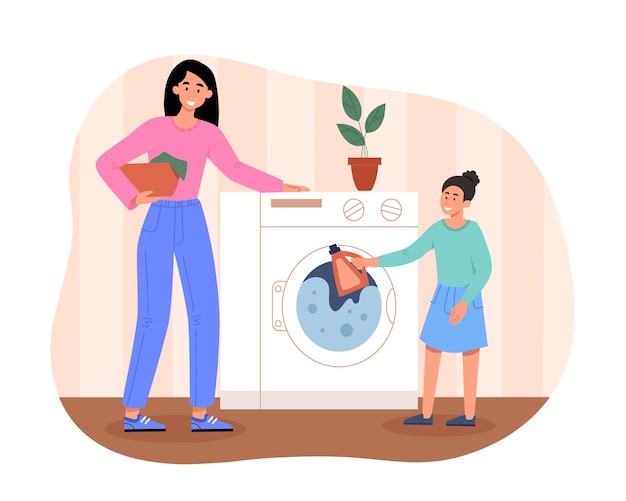 Conceito de limpeza doméstica mãe e filha lavando coisas pouco ajudante tarefas domésticas e rotina