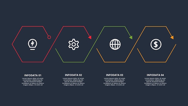 Conceito de linha para infográfico com peças de opções de 4 etapas ou processos modelo para web em um fundo preto