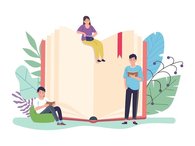 Conceito de livro de leitura. enorme livro aberto e pequenas pessoas lendo livros, e-learning e biblioteca, estudo à distância e autoeducação, mulher e homens inteligentes aprendendo ilustração de desenho vetorial plana