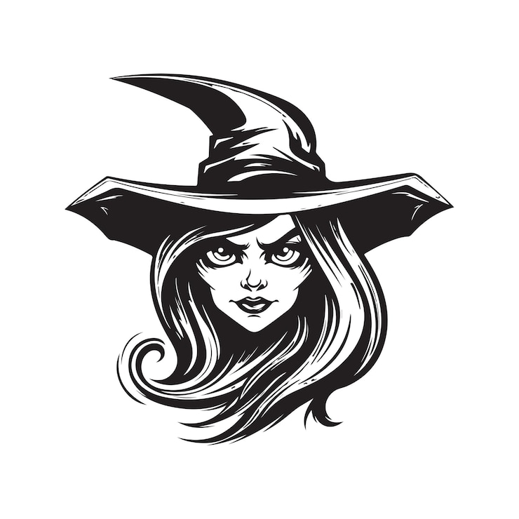Vetor conceito de logotipo de bruxa assustadora ilustração desenhada à mão em cores preto e branco