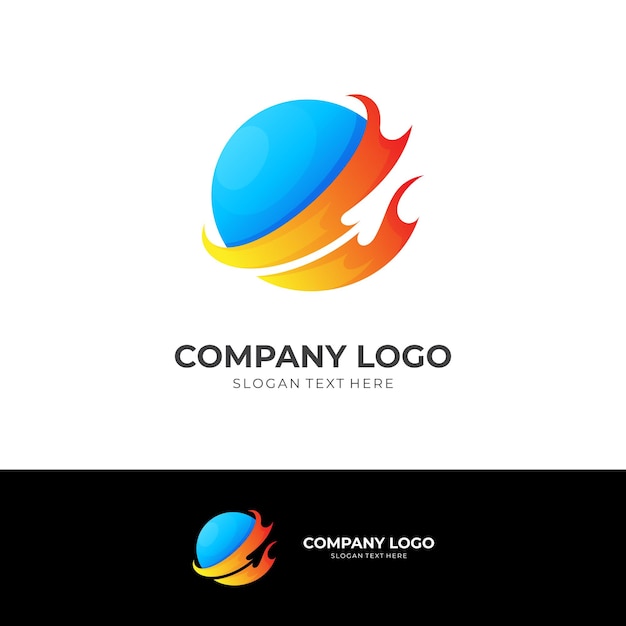 Vetor conceito de logotipo de fogo e planeta com estilo de cor 3d azul e laranja