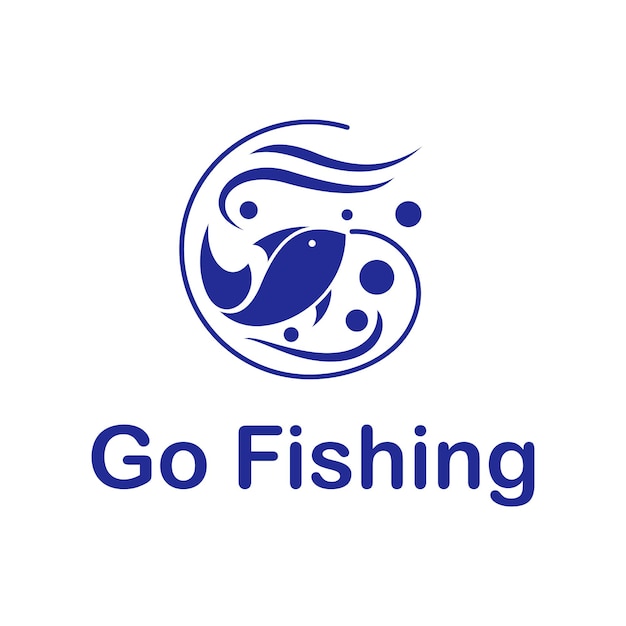 Conceito de logotipo de pesca com estilo de cor azul plana