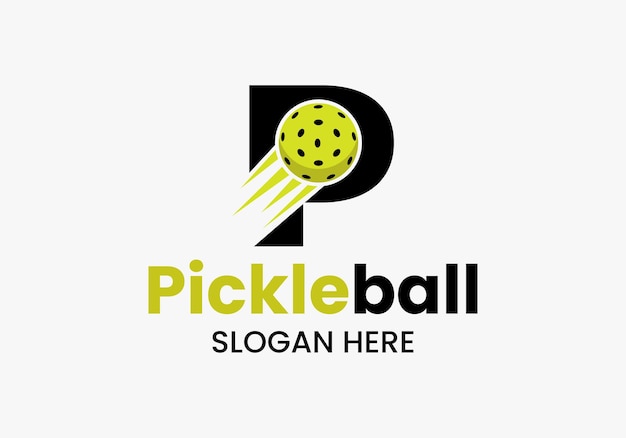 Vetor conceito de logotipo de pickleball letra p com símbolo de pickleball em movimento modelo de vetor de logotipo de bola de picles