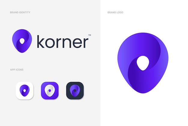 Vetor conceito de logotipo de ponteiro de localização de mapa roxo com ícones de aplicativos