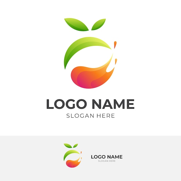 Conceito de logotipo de suco fresco com estilo de cor 3d verde e laranja