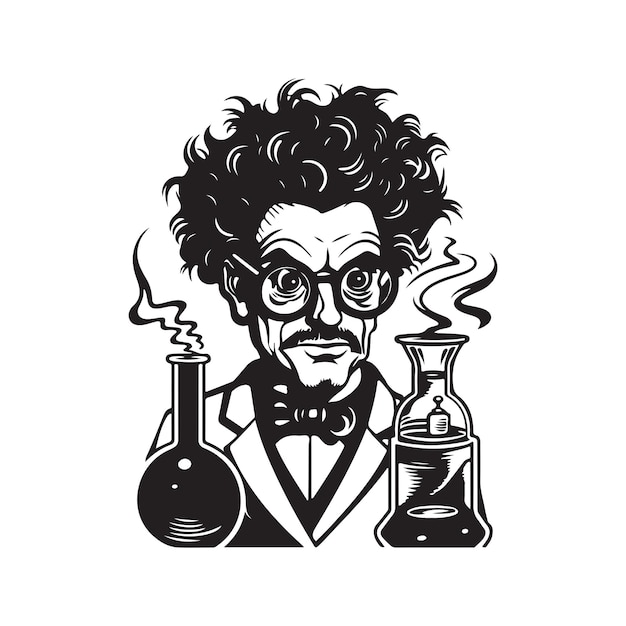 Conceito de logotipo vintage de cientista louco ilustração desenhada à mão em preto e branco