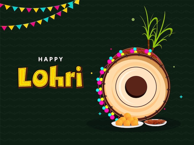 Conceito de lohri feliz com instrumento dhol (tambor), pratos de doces, cana-de-açúcar, bandeiras bunting no fundo de linhas de ziguezague verdes.